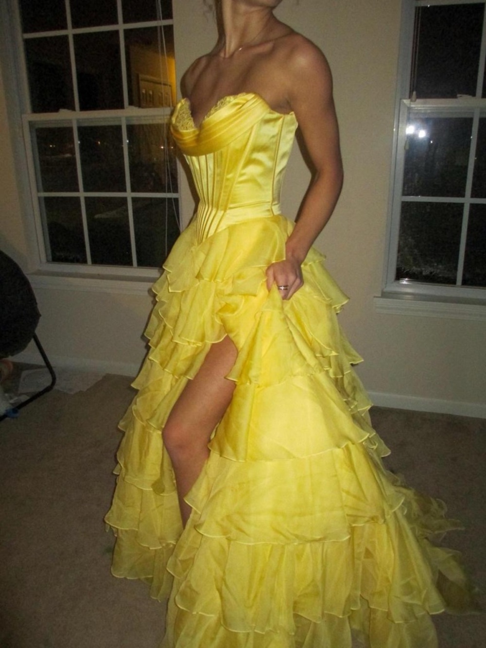Sherri Hill Yellow Strapless Ruffled Prom Gown with High Slit